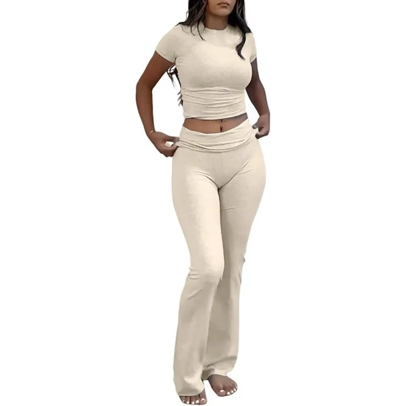 Casual Workout Round Neck Top Low Waist Bell-bottom Pants Sportswear Suit