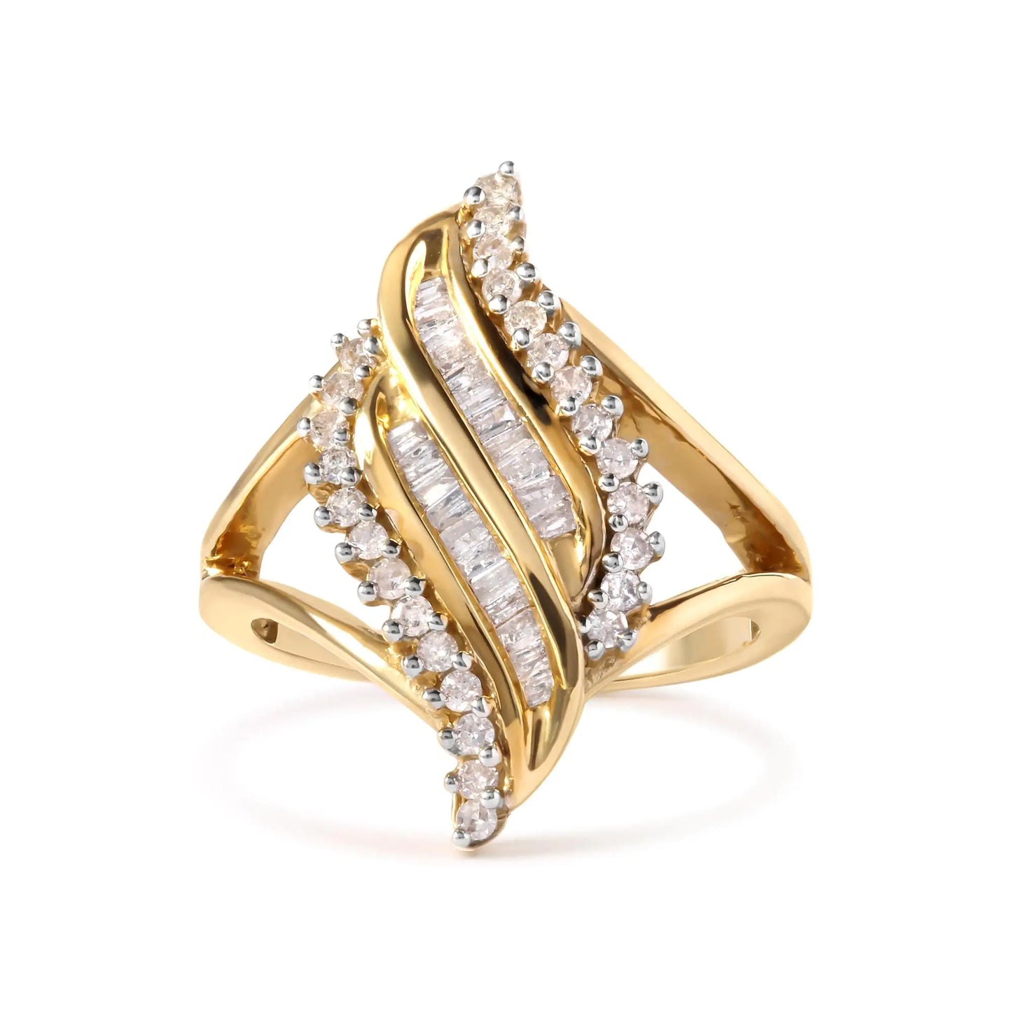 10K Yellow Gold 1/2 Cttw Round and Baguette Cut Diamond Cocktail Ring (H-I Color, I1-I2 Clarity)