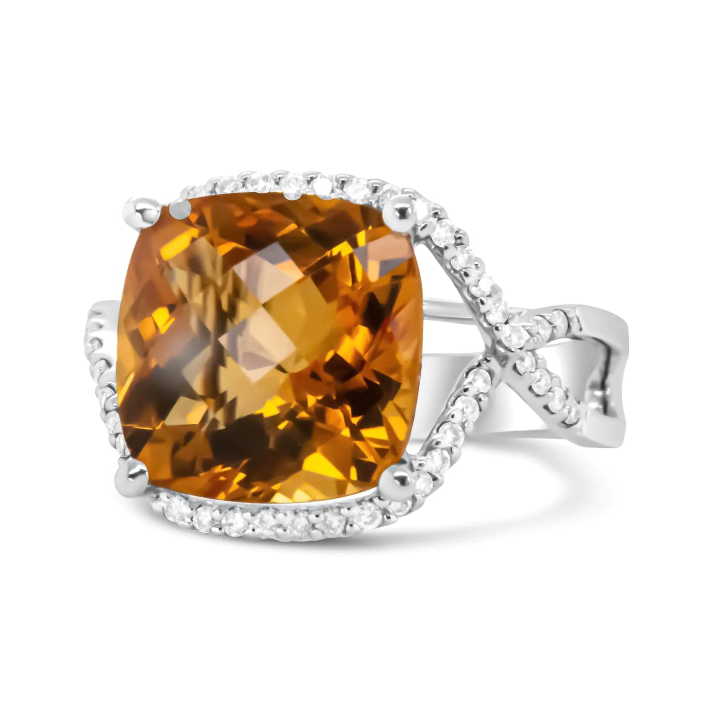 14K White Gold 12mm Cushion Cut Yellow Citrine Gemstone and 1/3 Cttw Round Pave-Set Diamond Ring - (H-I Color, VS1-VS2 Clarity)