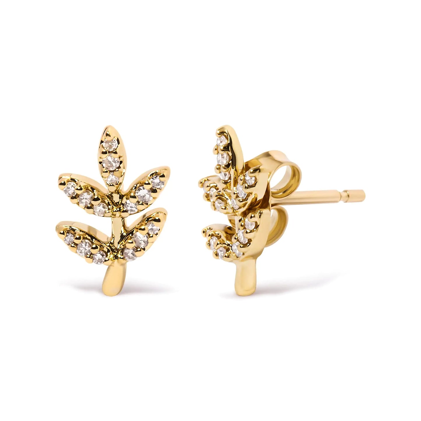 10K Yellow Gold 1/10 Cttw Diamond Accented Leaf and Branch Stud Earrings (H-I Color, I1-I2 Clarity)