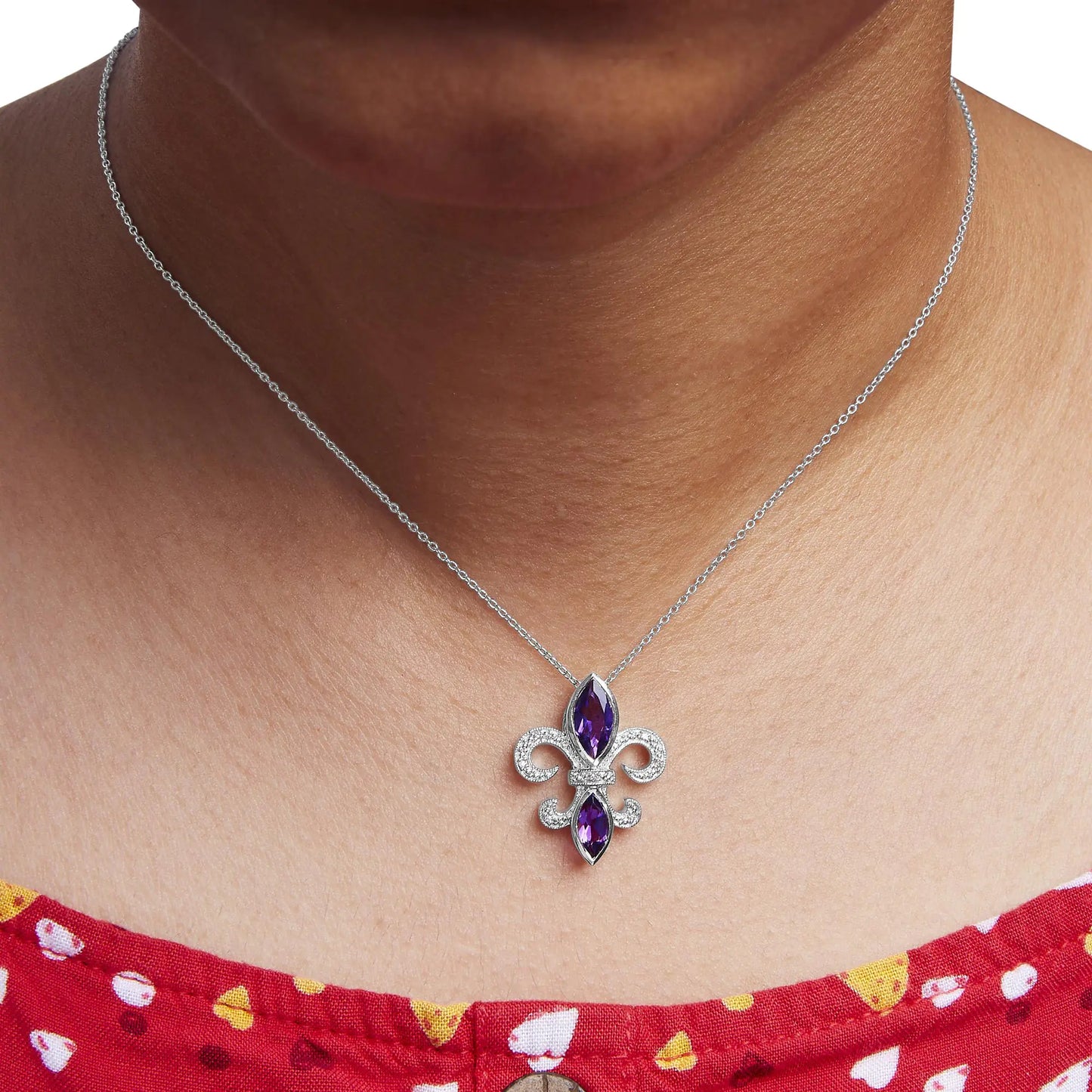 .925 Sterling Silver Purple Amethyst Marquise and Diamond Accent Fleur De Lis Pendant Necklace (H-I Color, SI1-SI2 Clarity) - Size 18"