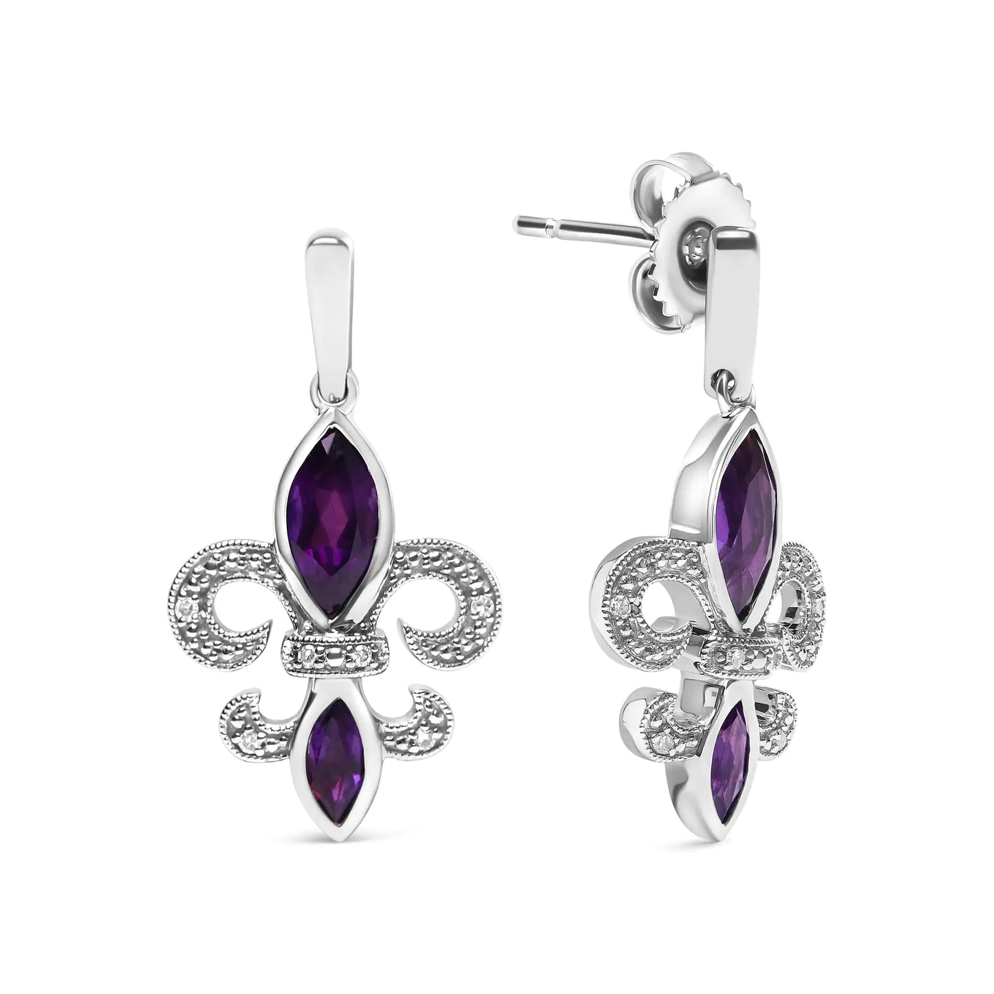 .925 Sterling Silver Marquise Cut Amethyst and Diamond Accent Fleur De Lis Dangle Stud Earrings (H-I Color, SI1-SI2 Clarity)