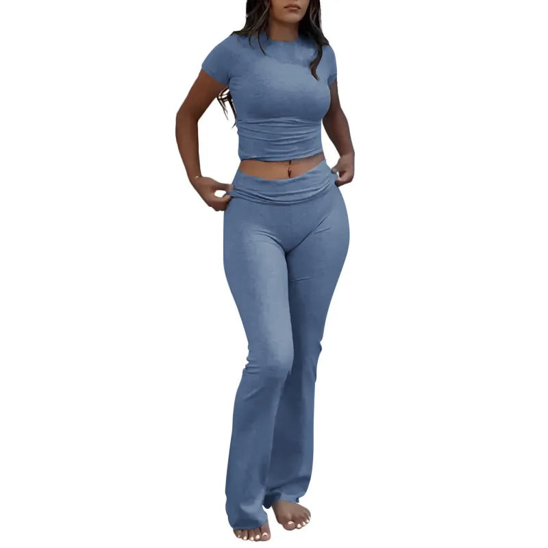 Casual Workout Round Neck Top Low Waist Bell-bottom Pants Sportswear Suit