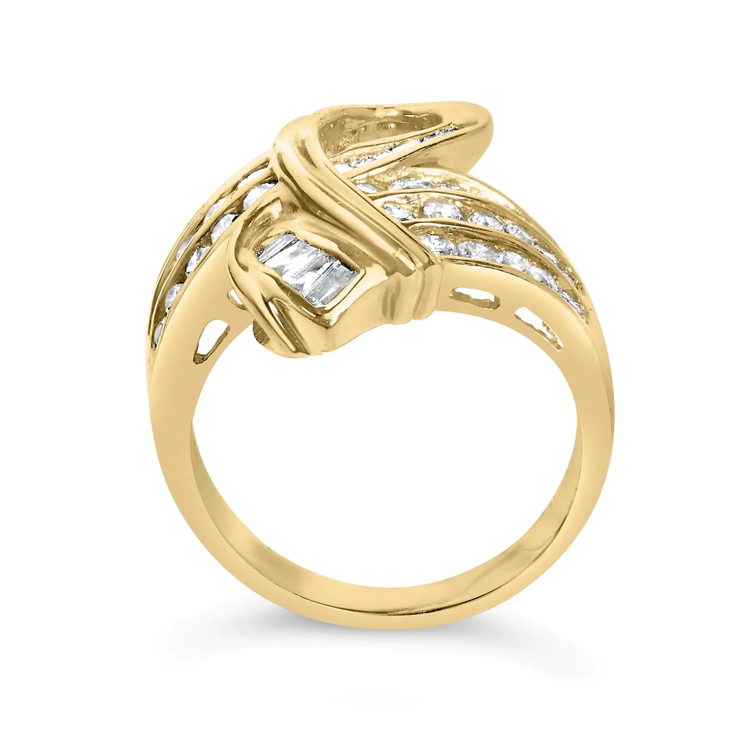 14K Yellow Gold 1 1/3 Cttw Channel Set Diamond Bypass Cocktail Ring (J-K Color, I1-I2 Clarity) - Ring Size 7