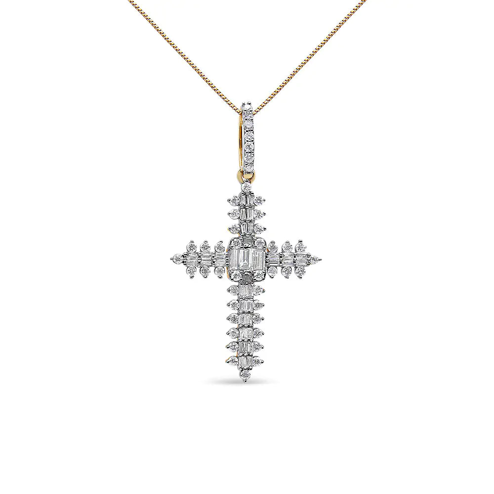 10K Yellow Gold 7/8 Cttw Round & Baguette Diamond Zigzag Pattern Cross Pendant Necklace (H-I Color, SI2-I1 Clarity) - NO CHAIN INCLUDED