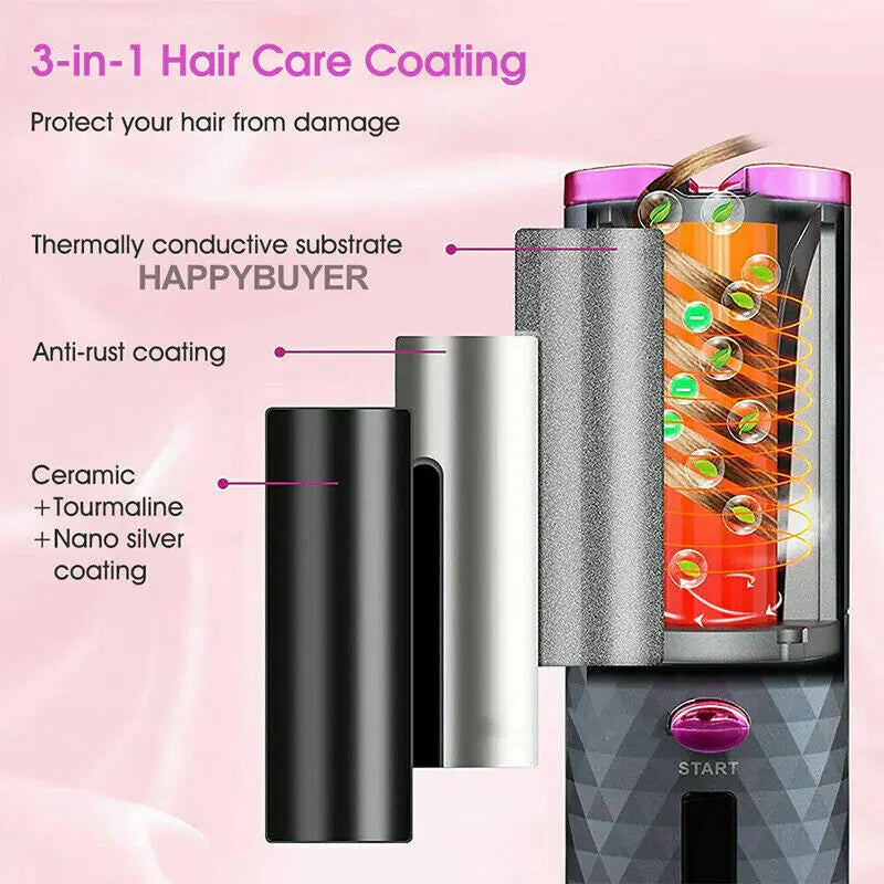 Hair Curler LCD Cordless Auto Rotating Waver Curling Iron Ceramic Wireless USA