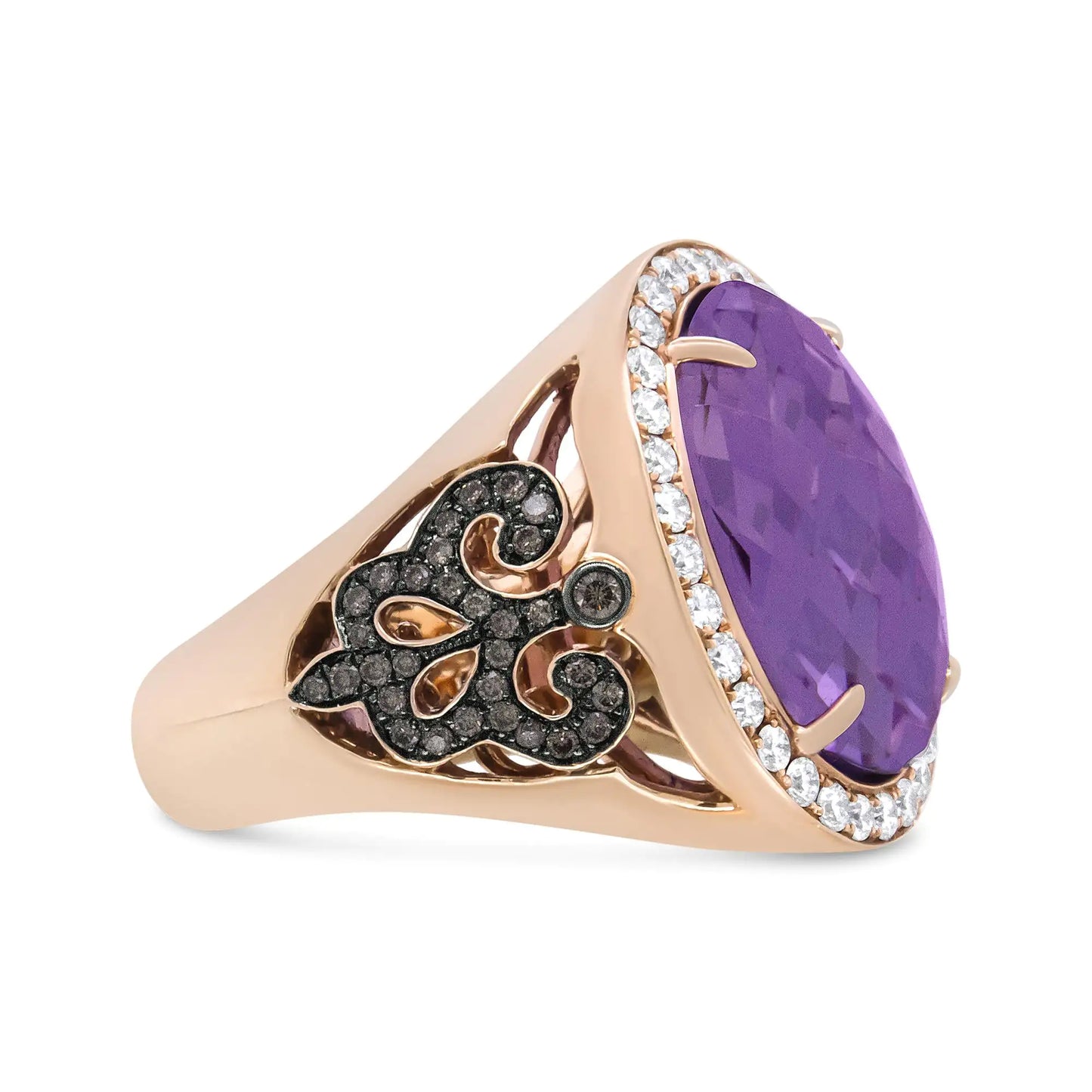 18K Rose Gold 18x13 MM Oval Cut Purplse Amethyst and 1.00 Cttw Diamond Cocktail Ring (Champagne and F-G Color, VS1-VS2 Clarity)