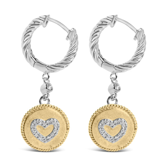 18K Yellow Gold Plated .925 Sterling Silver 1/8 Cttw Diamond Heart Medallion Drop and Dangle Earring (I-J Color, SI1-SI2 Clarity)