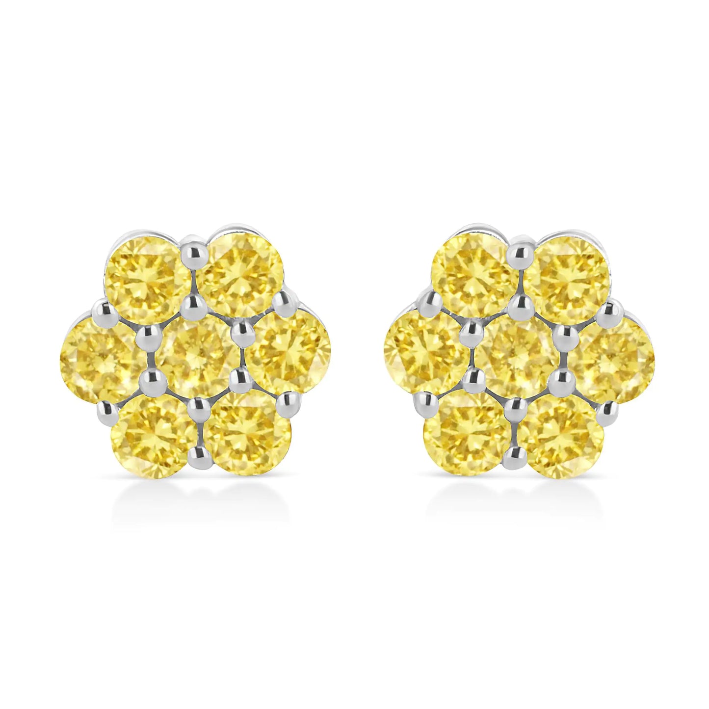 .925 Sterling Silver  Prong Set Round-Cut Treated Colored Diamond Floral Cluster Stud Earring - Choice of Diamond Colors and Total Weights